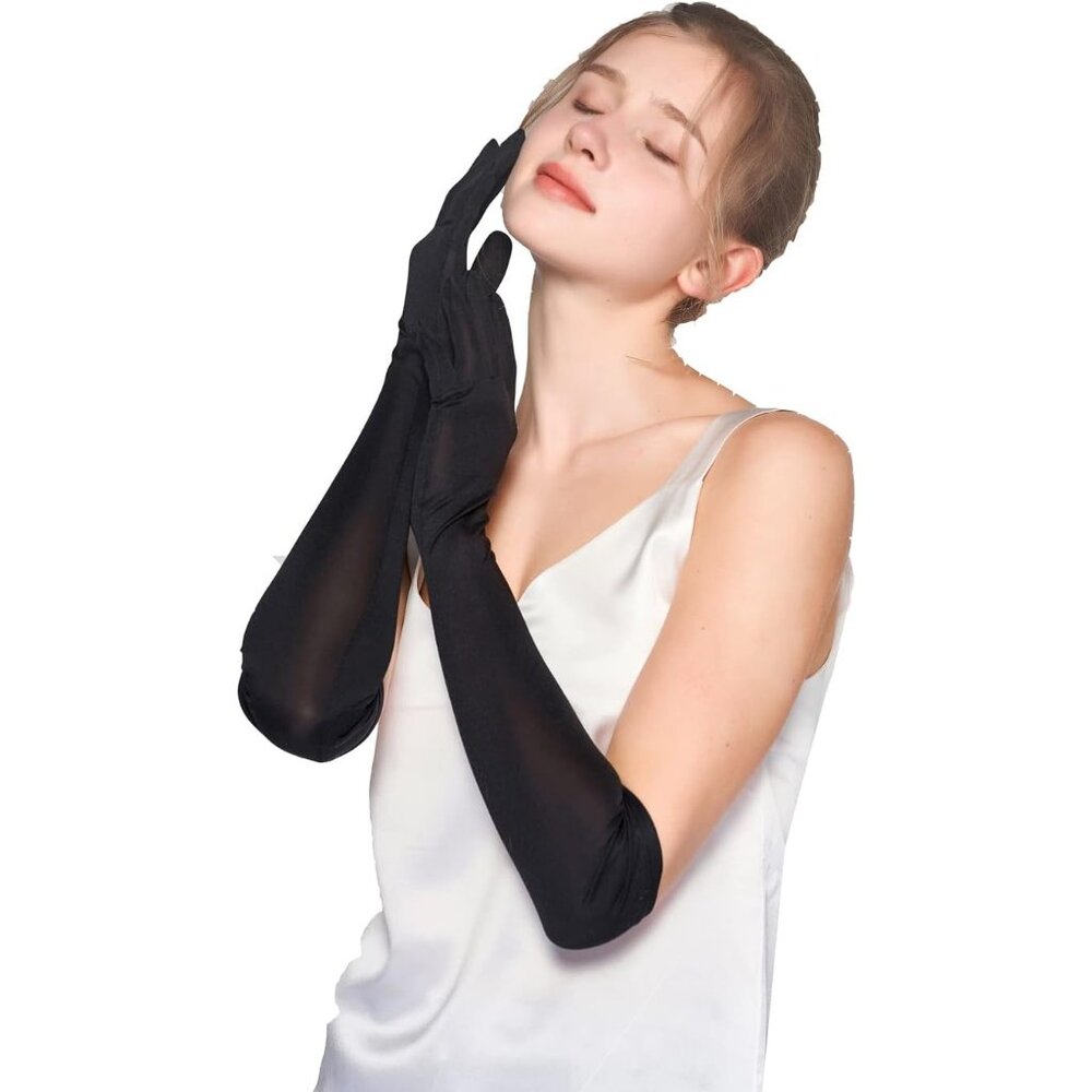 Women's Evening Black Pure Silk Elbow Length Satin Long Gloves Opera Party Prom - Picture 4 of 5